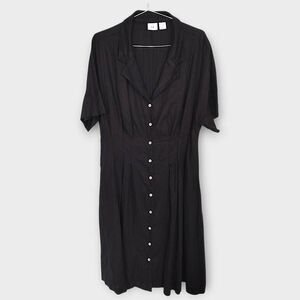 H‎ by Halston Womens Dress Sz 14 Black Linen Midi Shirt Short Sleeve Lagenlook